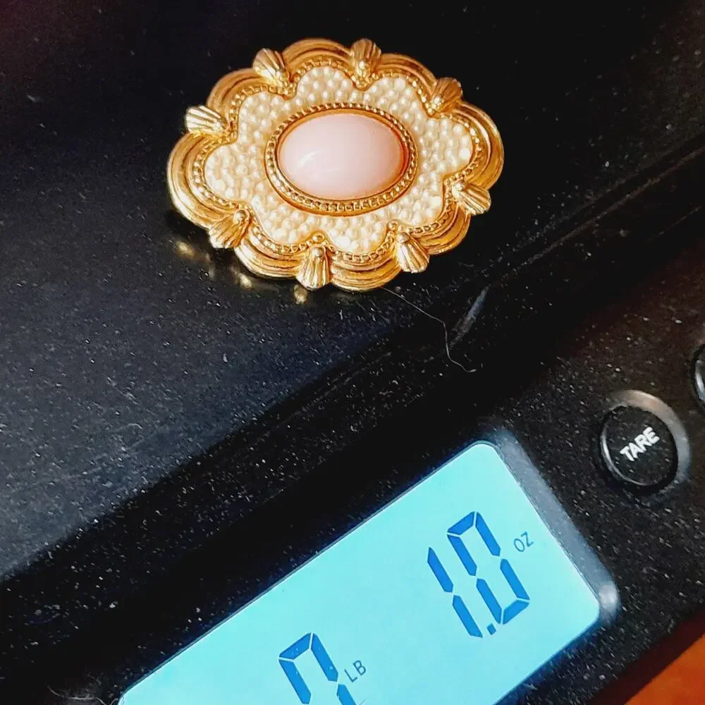 Vintage Gold Tone Brooch, Pink Cabochon Center, Faux Seed Pearl Design